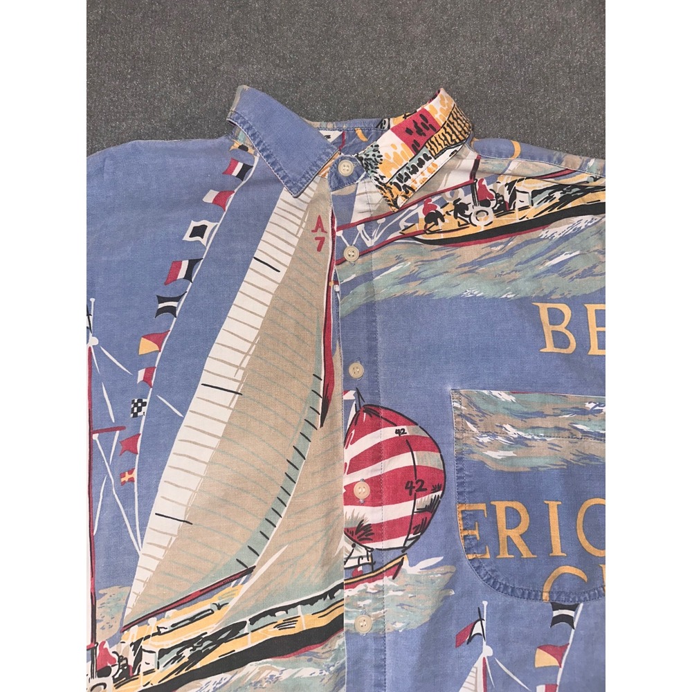 American Eagle Outfitters Bermuda Sailboat Nautical Print Shirt Mens Large Blue